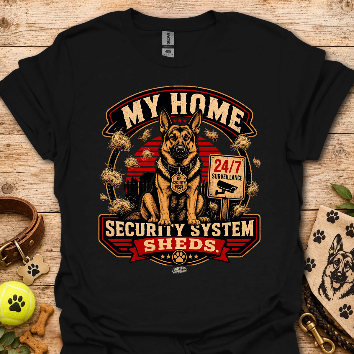 Black t-shirt with centered dog security graphic and “Security System Sheds” text