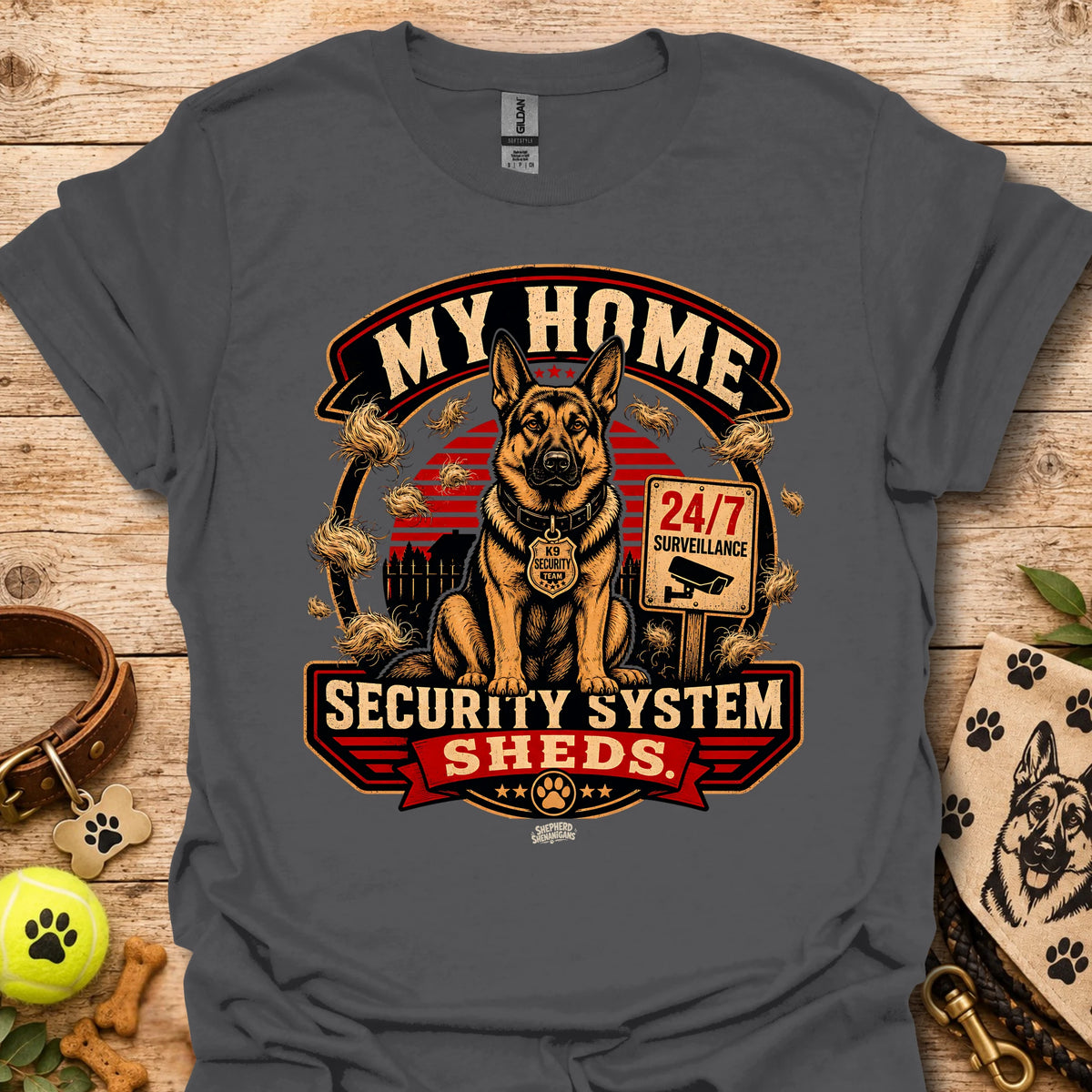 Charcoal t-shirt with centered dog security graphic and “Security System Sheds” text