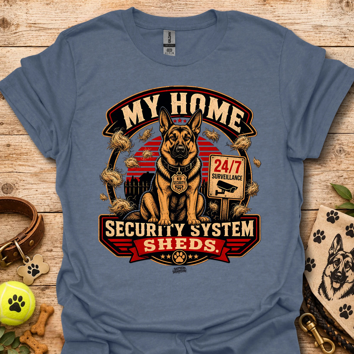 Blue-gray t-shirt with centered dog security graphic and “Security System Sheds” text