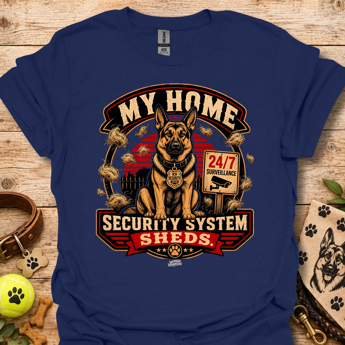 Navy t-shirt with centered dog security graphic and “Security System Sheds” text