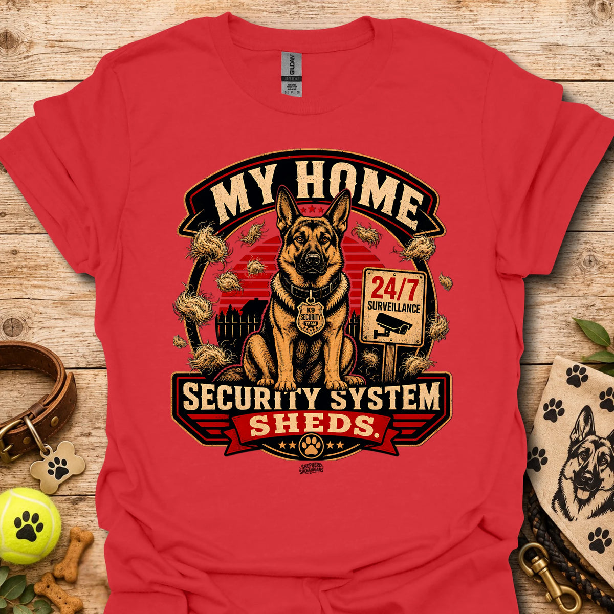 Red t-shirt with centered dog security graphic and “Security System Sheds” text