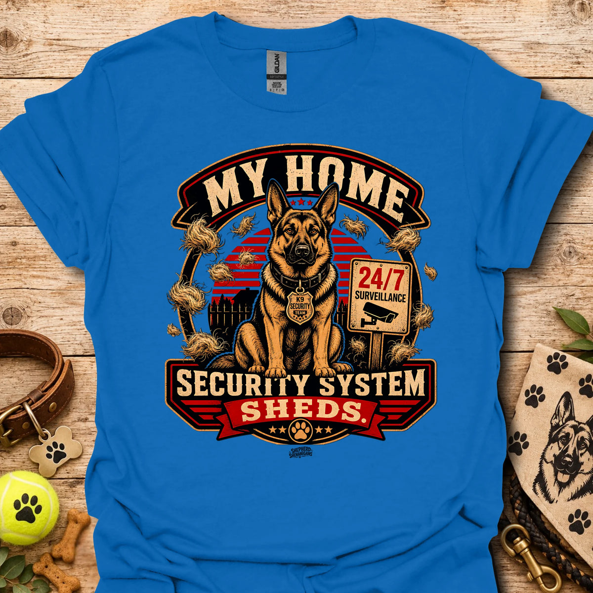 Royal blue t-shirt with centered dog security graphic and “Security System Sheds” text