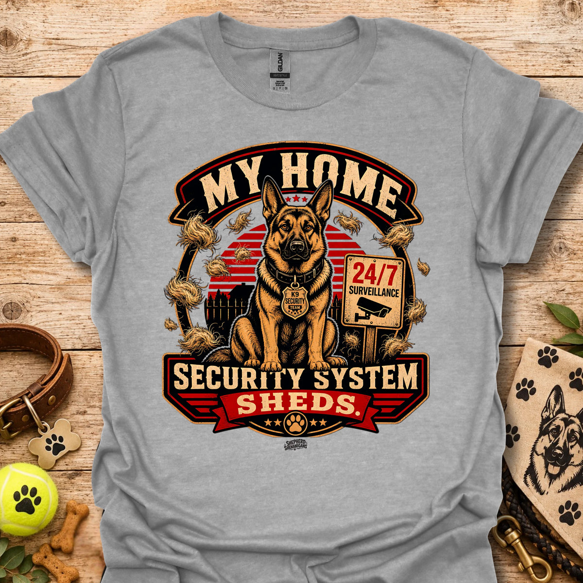 Heather gray t-shirt with centered dog security graphic and “Security System Sheds” text