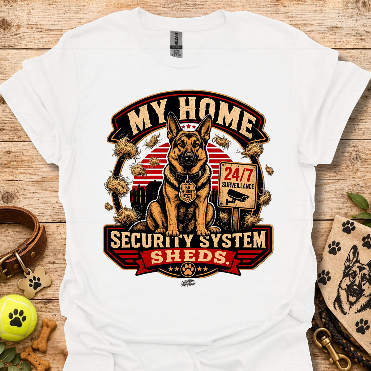 White t-shirt with centered dog security graphic and “Security System Sheds” text