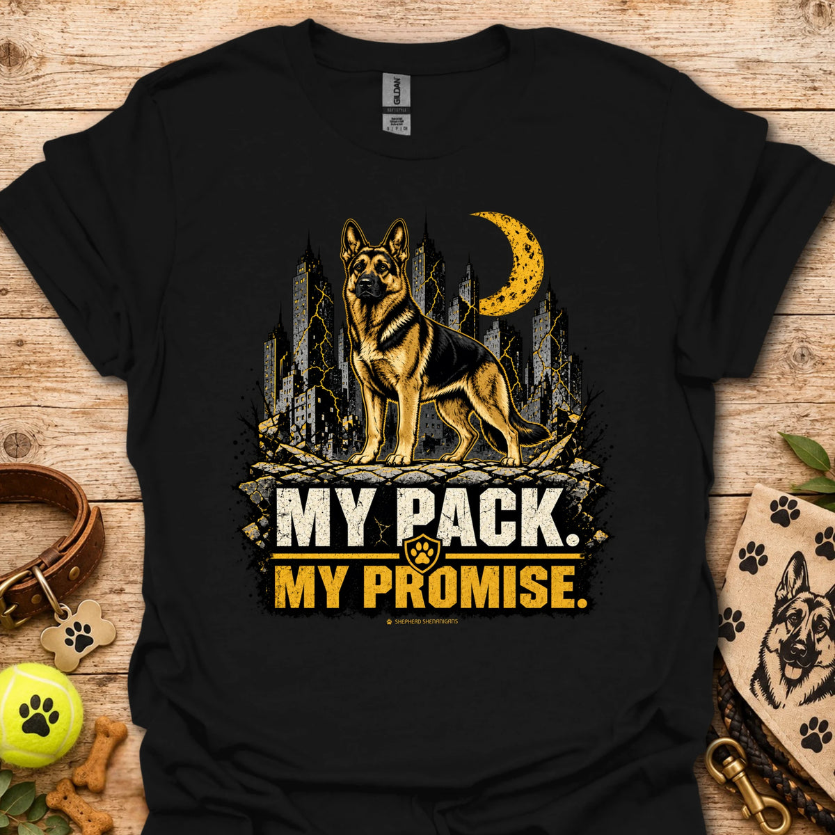Black dog graphic t-shirt with skyline, moon and "MY PACK. MY PROMISE."