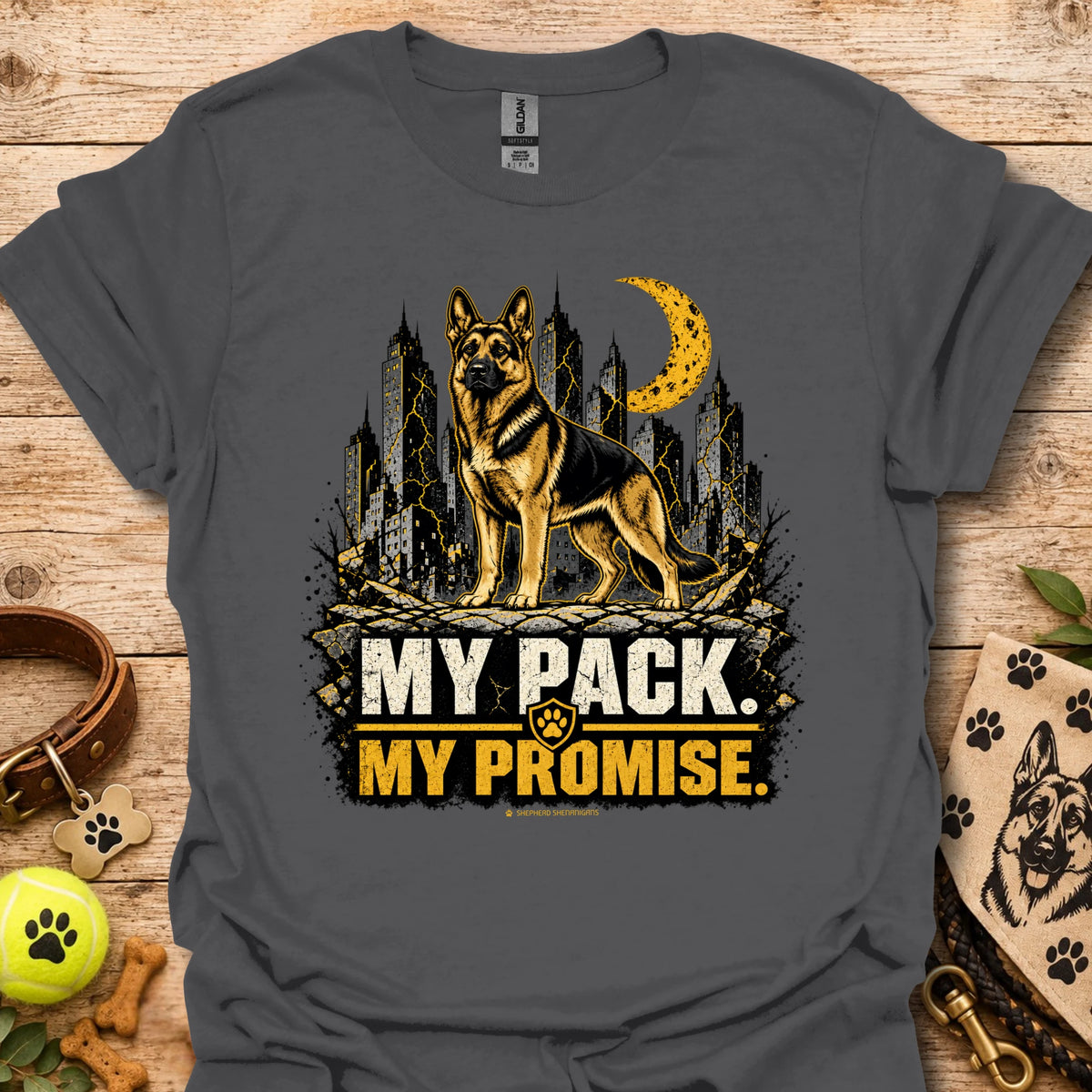 Charcoal dog graphic t-shirt with skyline, moon and "MY PACK. MY PROMISE."