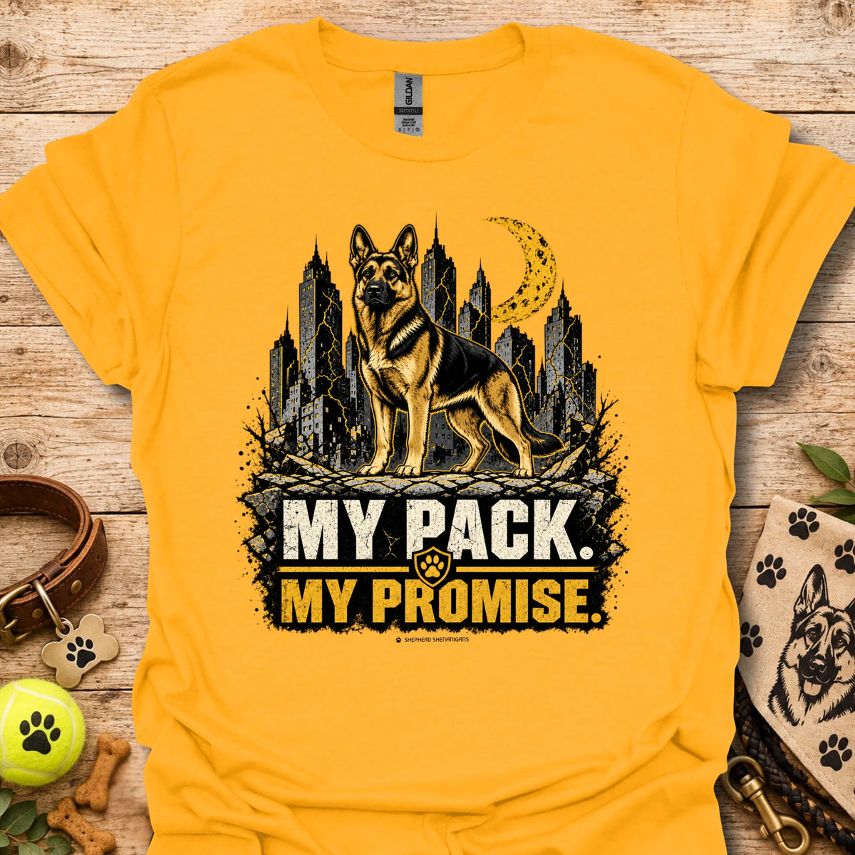 Gold dog graphic t-shirt with skyline, moon and "MY PACK. MY PROMISE."