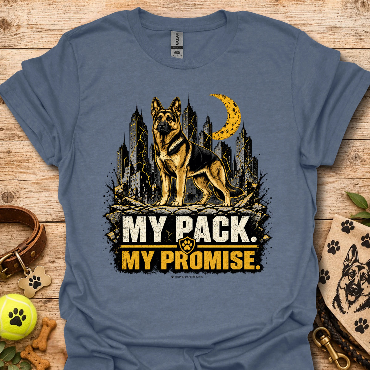 Heather indigo dog graphic t-shirt with skyline, moon and "MY PACK. MY PROMISE."