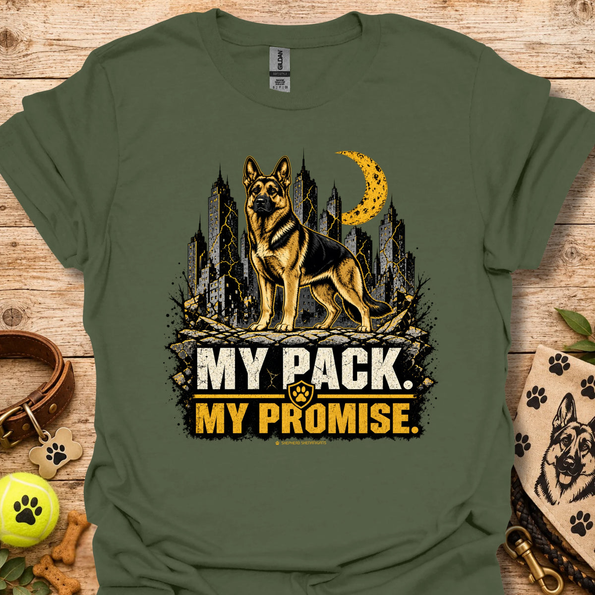 Military green dog graphic t-shirt with skyline, moon and "MY PACK. MY PROMISE."
