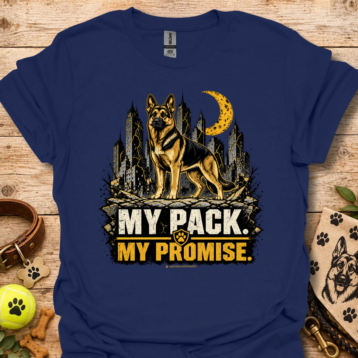 Navy dog graphic t-shirt with skyline, moon and "MY PACK. MY PROMISE."