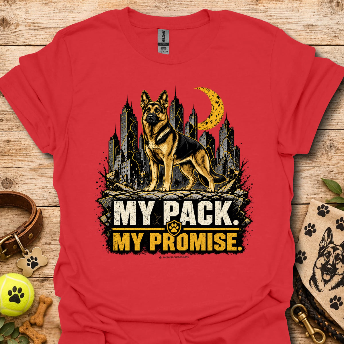 Red dog graphic t-shirt with skyline, moon and "MY PACK. MY PROMISE."