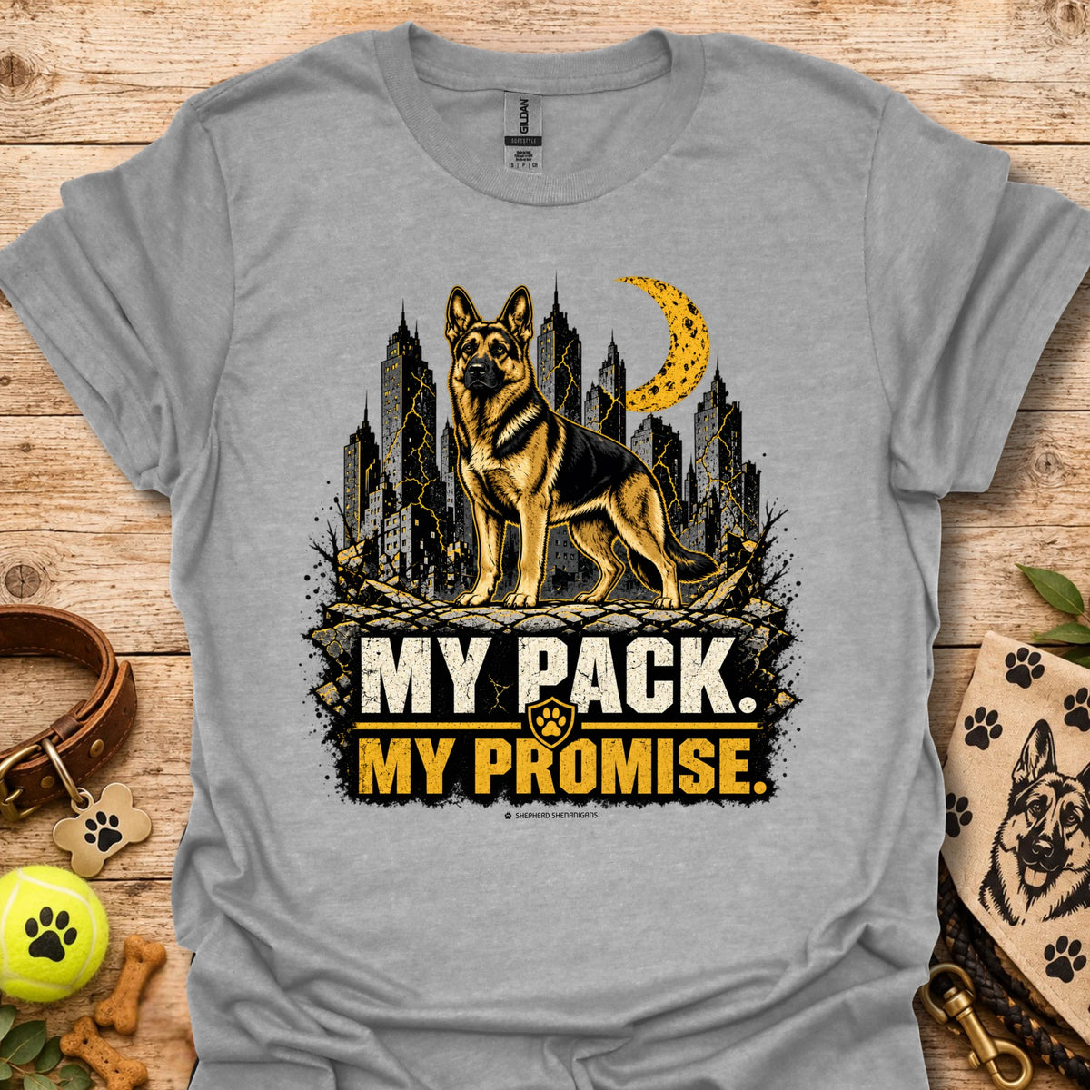 Sport grey dog graphic t-shirt with skyline, moon and "MY PACK. MY PROMISE."