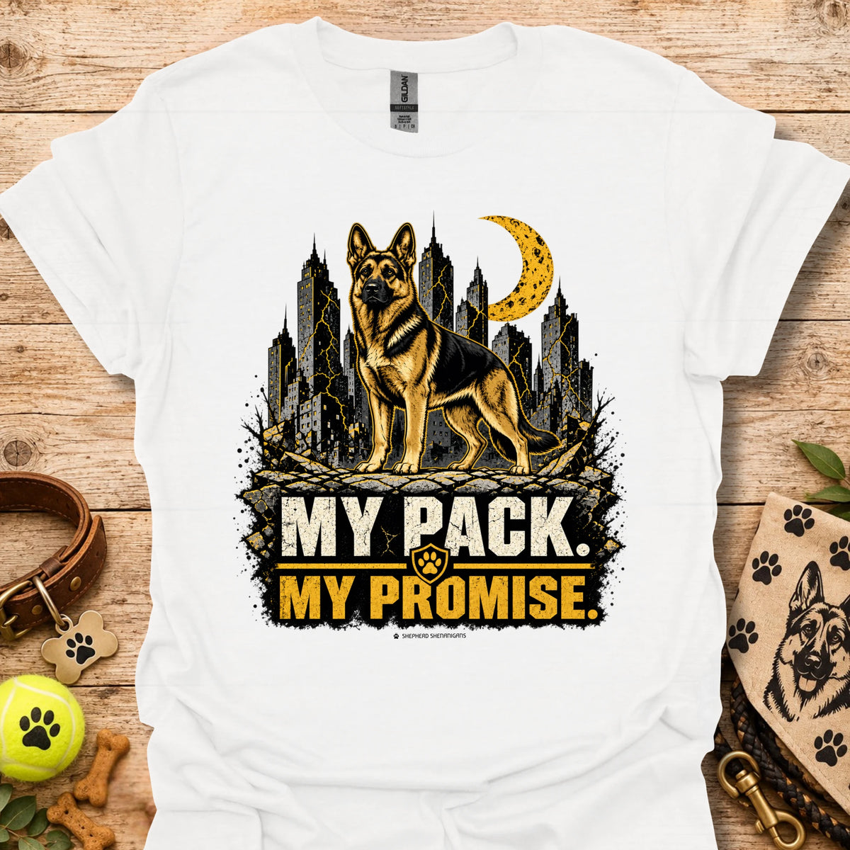 White dog graphic t-shirt with skyline, moon and "MY PACK. MY PROMISE."