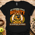 Black T-shirt featuring a sunglasses-wearing German shepherd and security-themed text.
