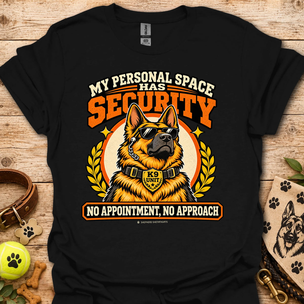 Black T-shirt featuring a sunglasses-wearing German shepherd and security-themed text.