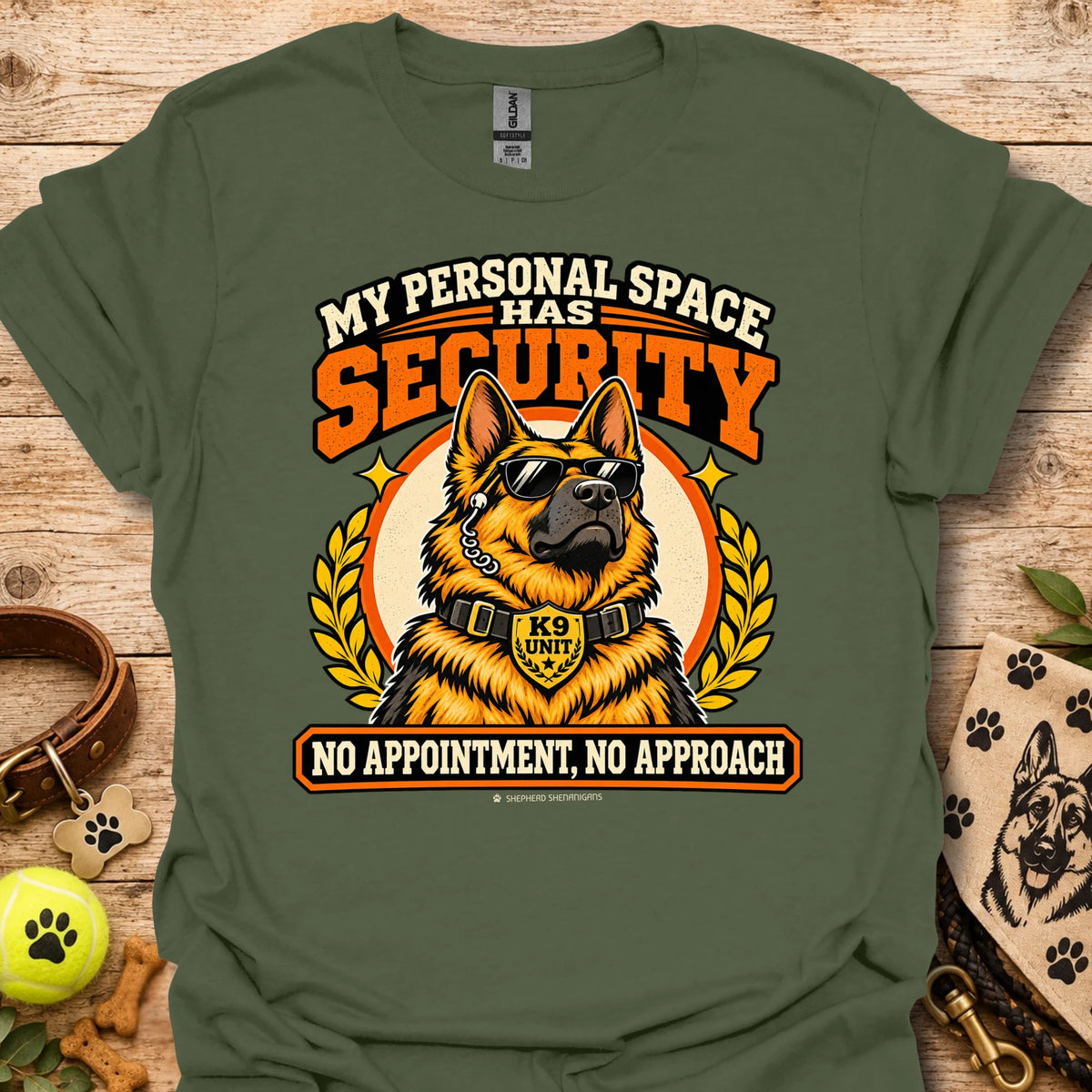 Military green T-shirt with a German shepherd in sunglasses and a security-themed graphic.