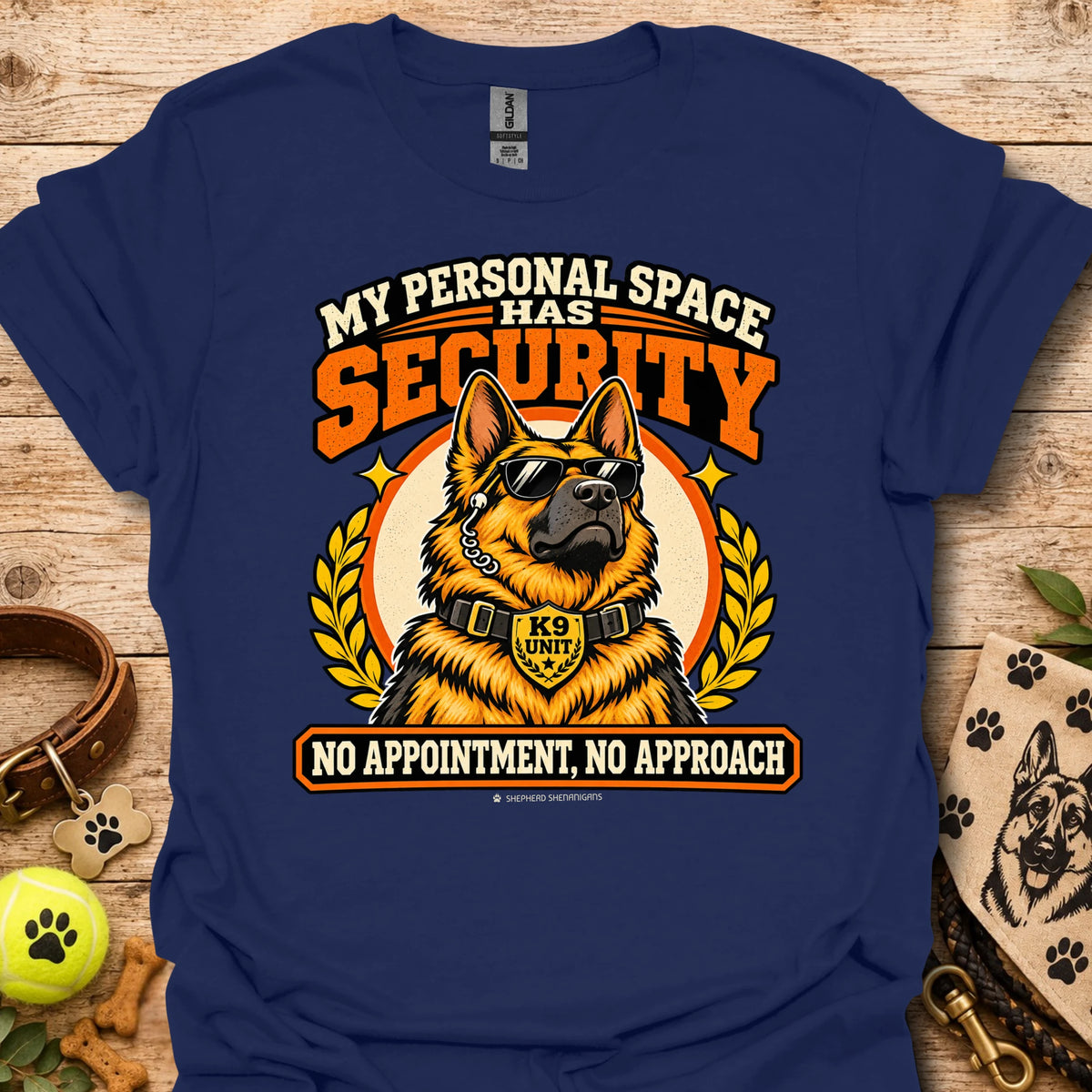 Navy T-shirt featuring a German shepherd in sunglasses and a bold security-themed graphic.