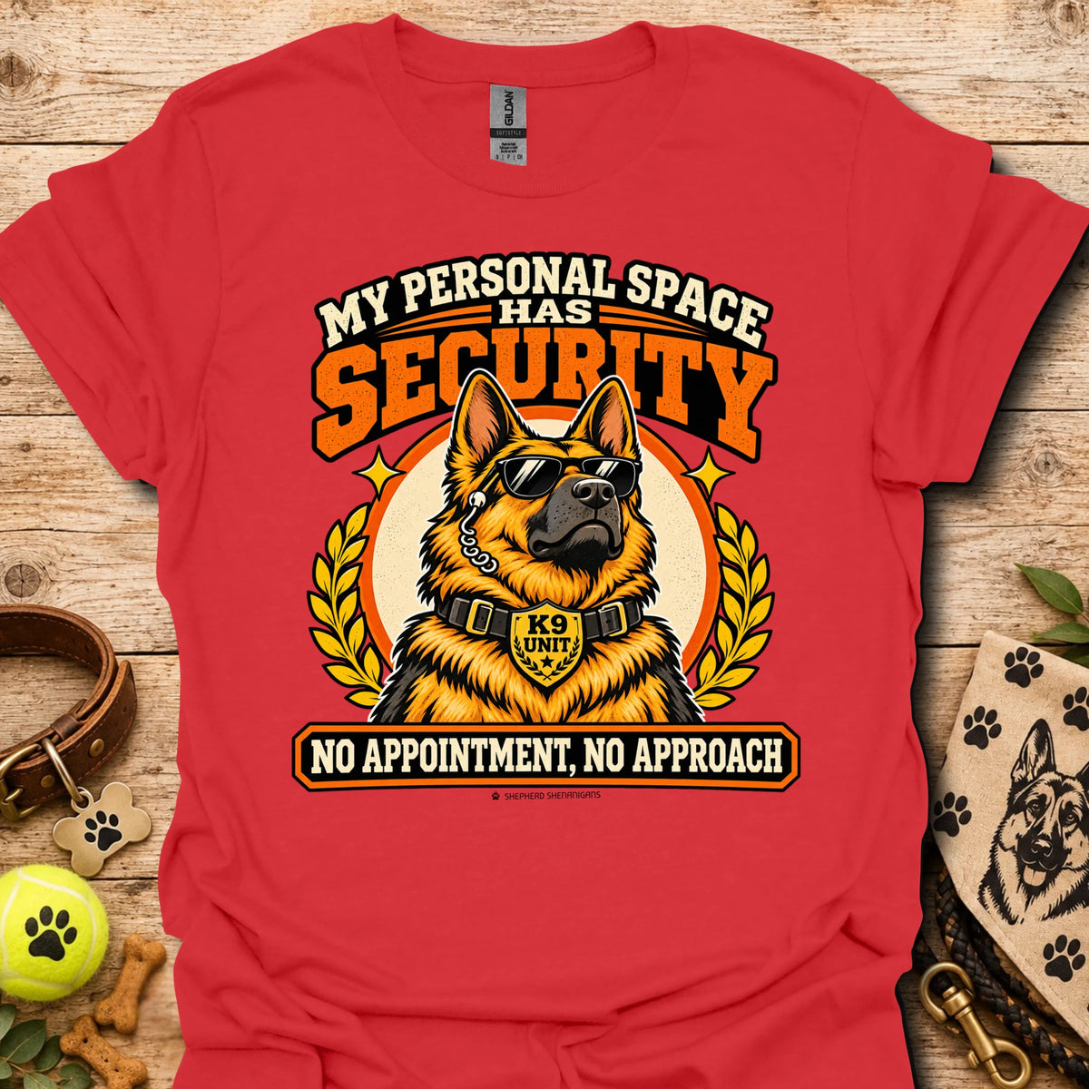 Red T-shirt with a sunglasses-wearing German shepherd and bold security-themed text.