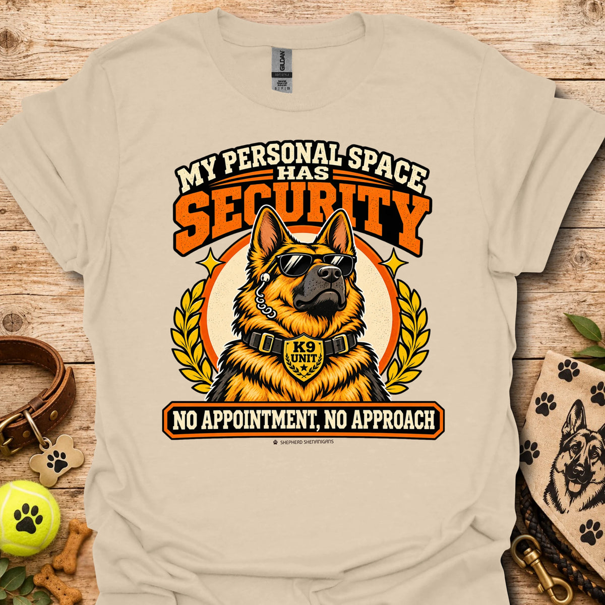 Sand T-shirt featuring a German shepherd in sunglasses and a bold security graphic.