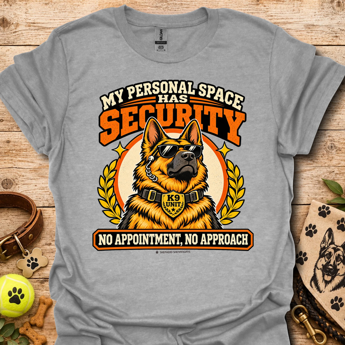 Sport gray T-shirt featuring a German shepherd in sunglasses and a bold security graphic.
