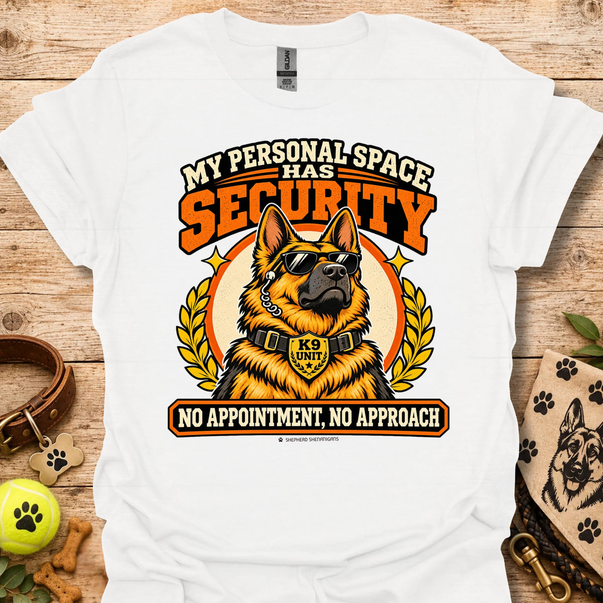 White T-shirt with a German shepherd security graphic and bold orange and black lettering.