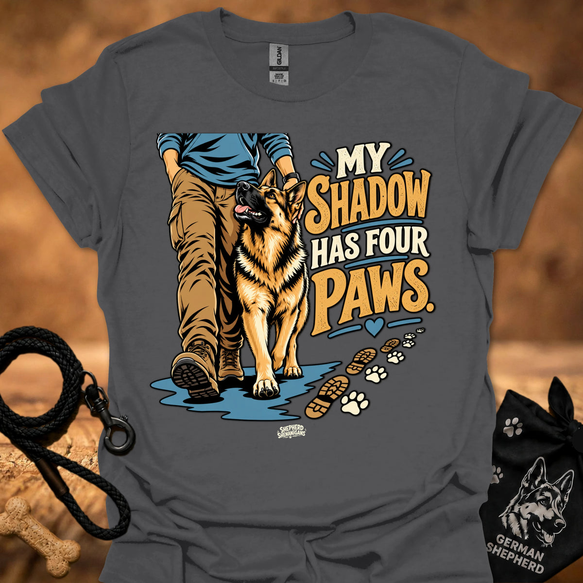 Charcoal T-shirt with dog graphic and “My Shadow Has Four Paws” text