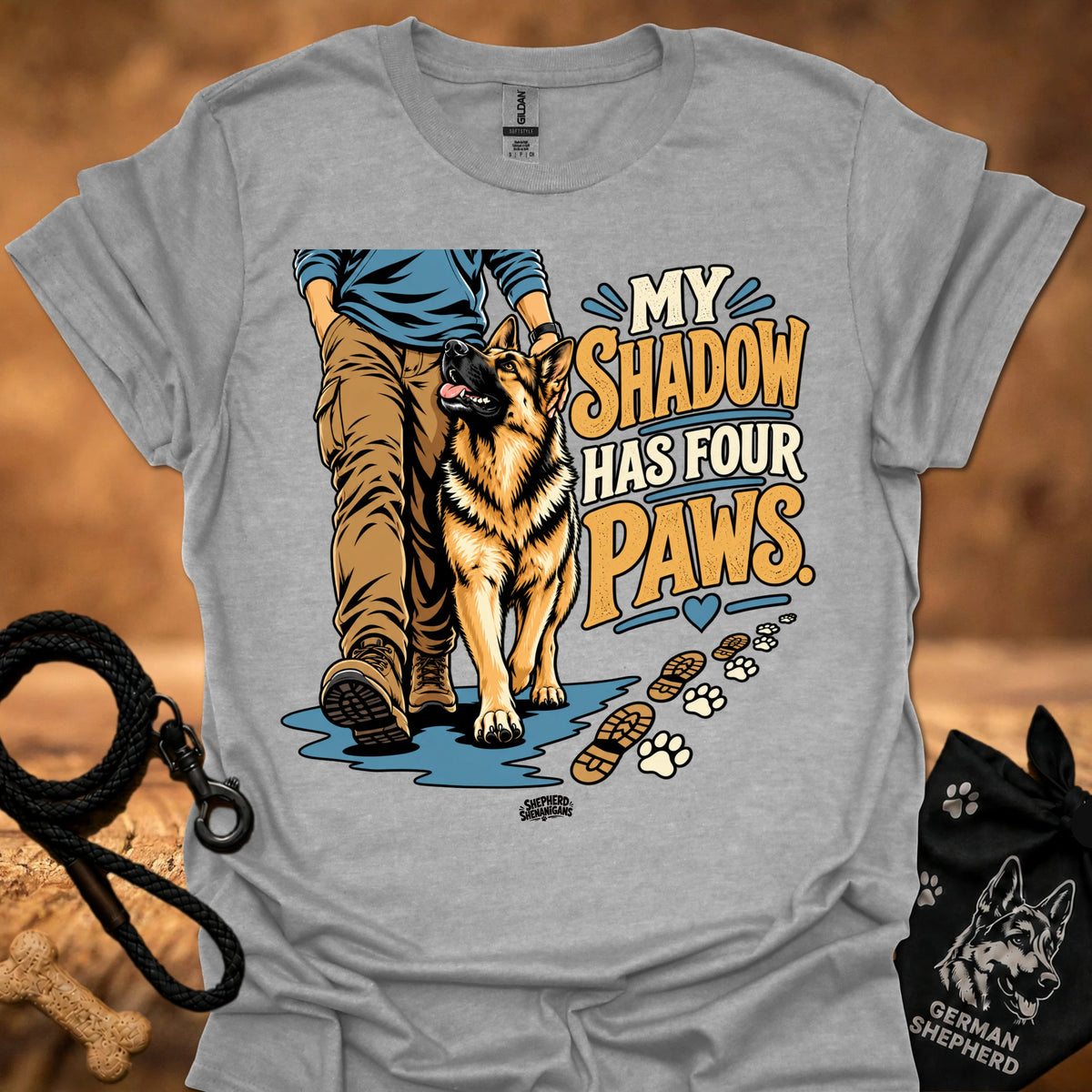 Heather gray T-shirt with dog graphic and “My Shadow Has Four Paws” text