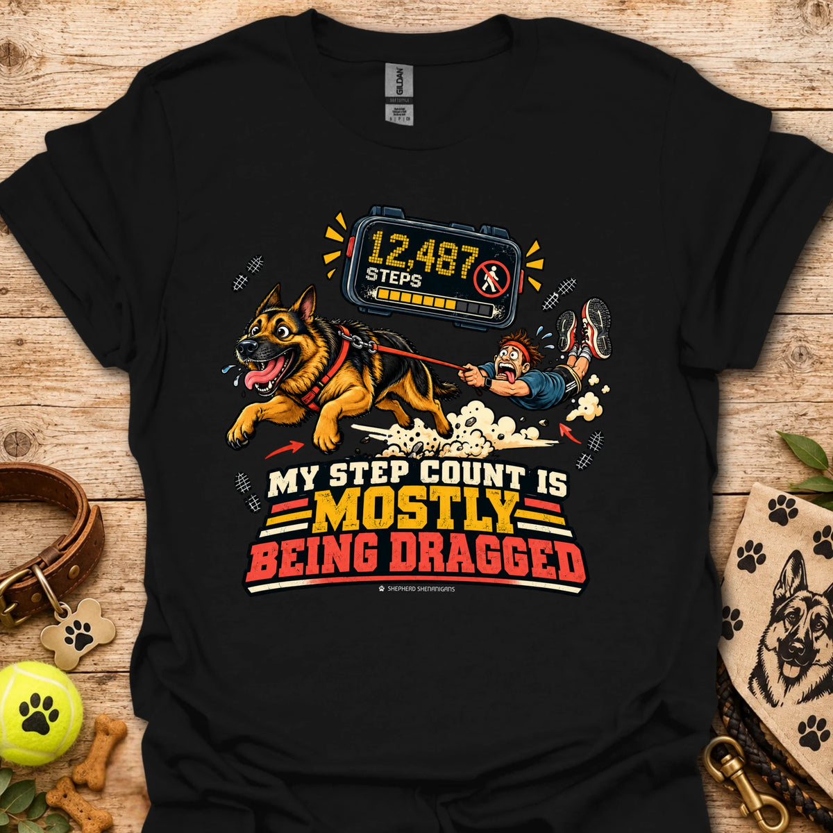 Black dog graphic t-shirt with step counter display and bold slogan