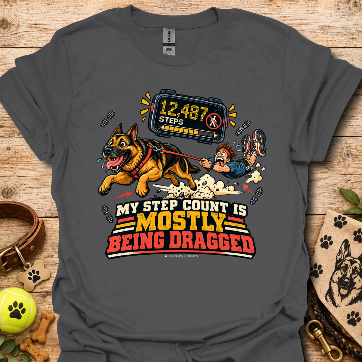 Charcoal dog graphic t-shirt with step counter and bold slogan