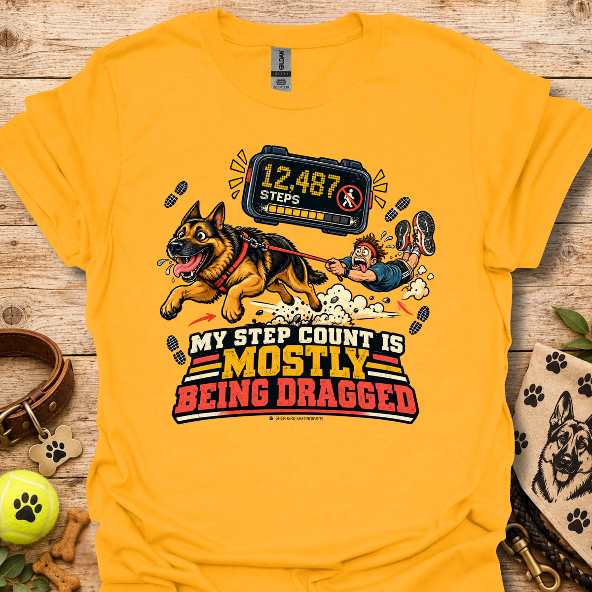 Gold dog graphic t-shirt with step counter display and bold slogan