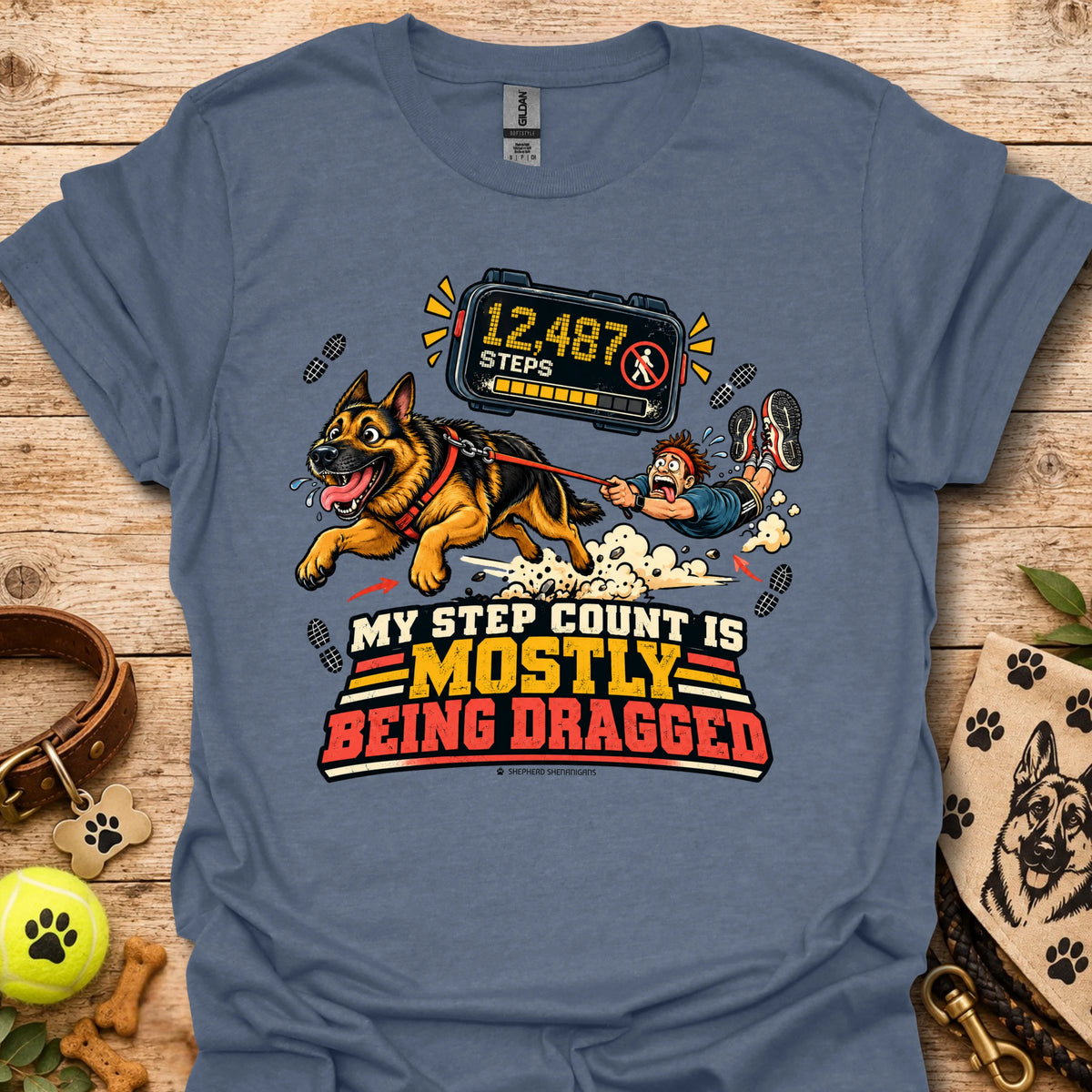 Heather indigo dog graphic t-shirt with step counter display and bold slogan
