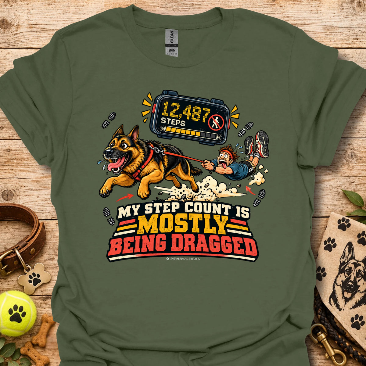 Military green dog graphic t-shirt with step counter display and bold slogan