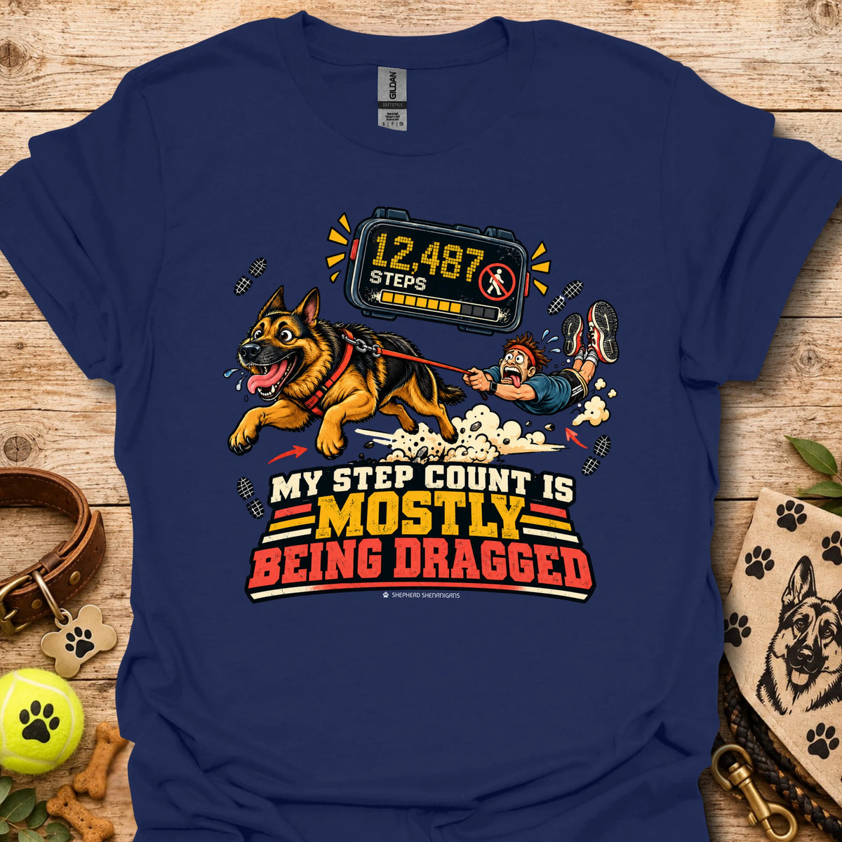 Navy dog graphic t-shirt with step counter display and bold slogan