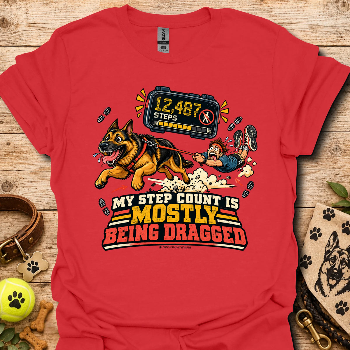 Red dog graphic t-shirt with step counter display and bold slogan