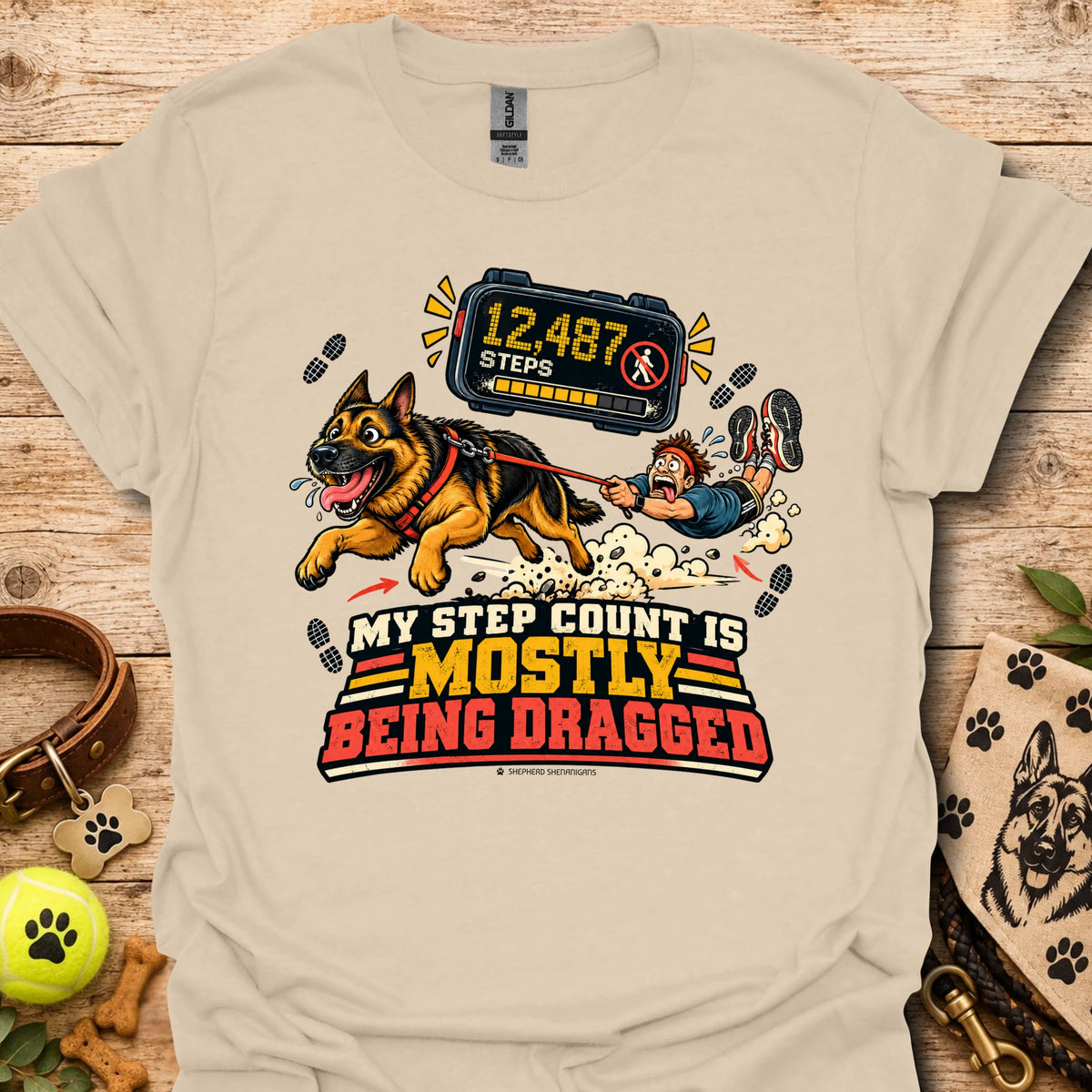 Sand dog graphic t-shirt with step counter display and bold slogan