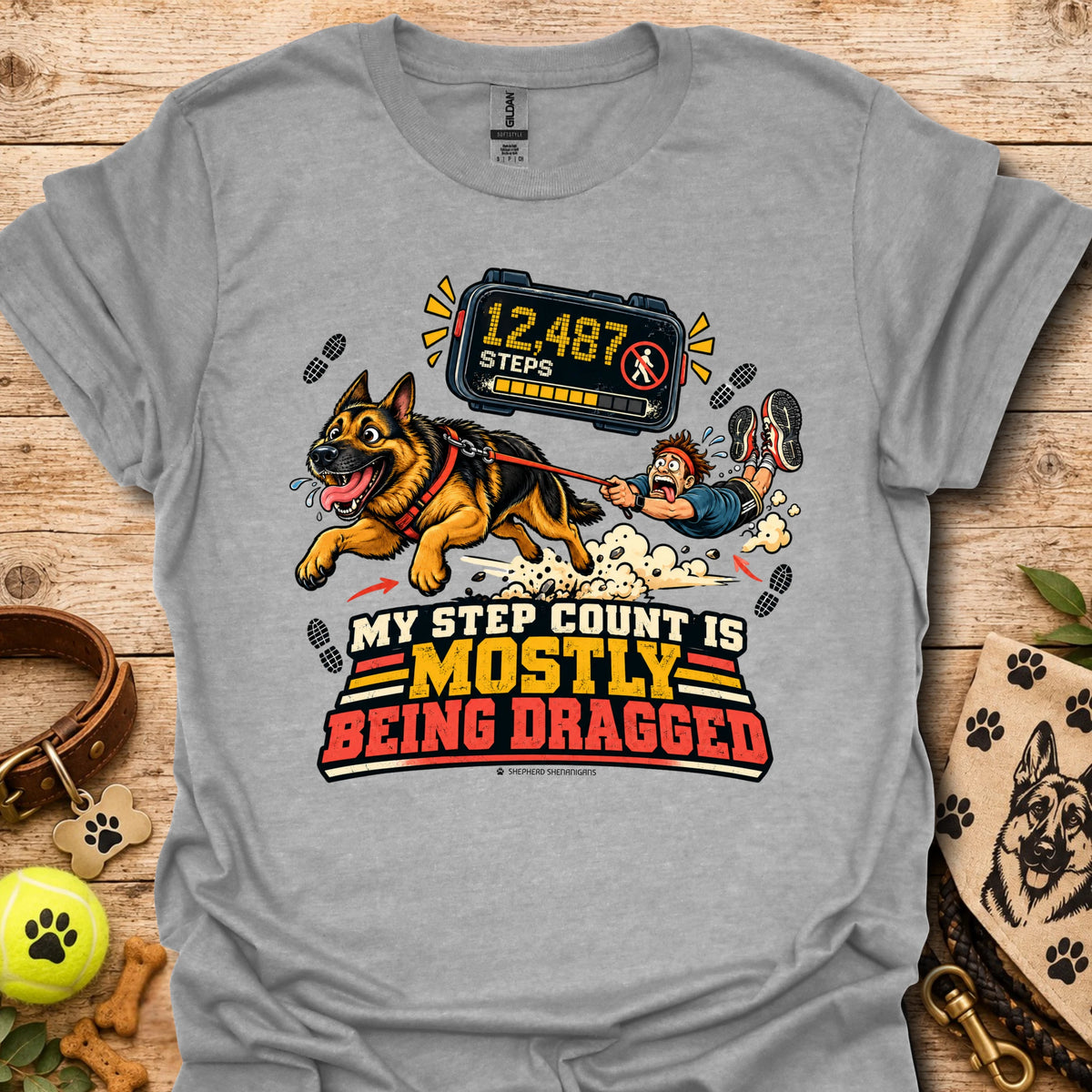 Sport gray dog graphic t-shirt with step counter display and bold slogan