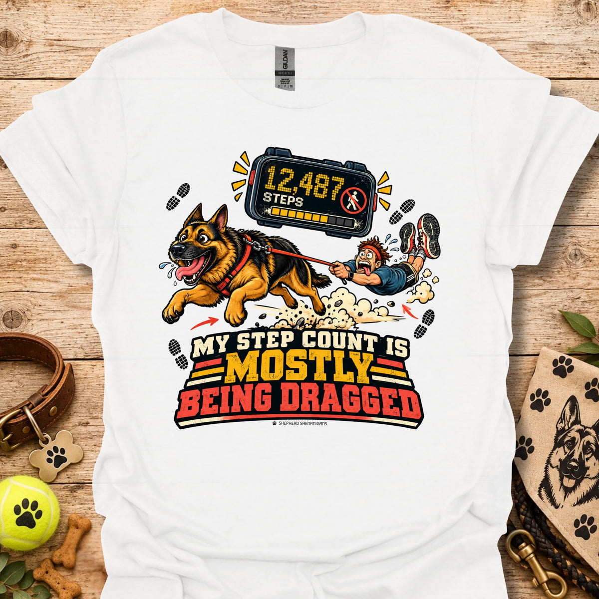 White dog graphic t-shirt with step counter display and bold slogan