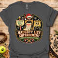 Charcoal T-shirt with holiday dog badge graphic, Santa hat and paw print details