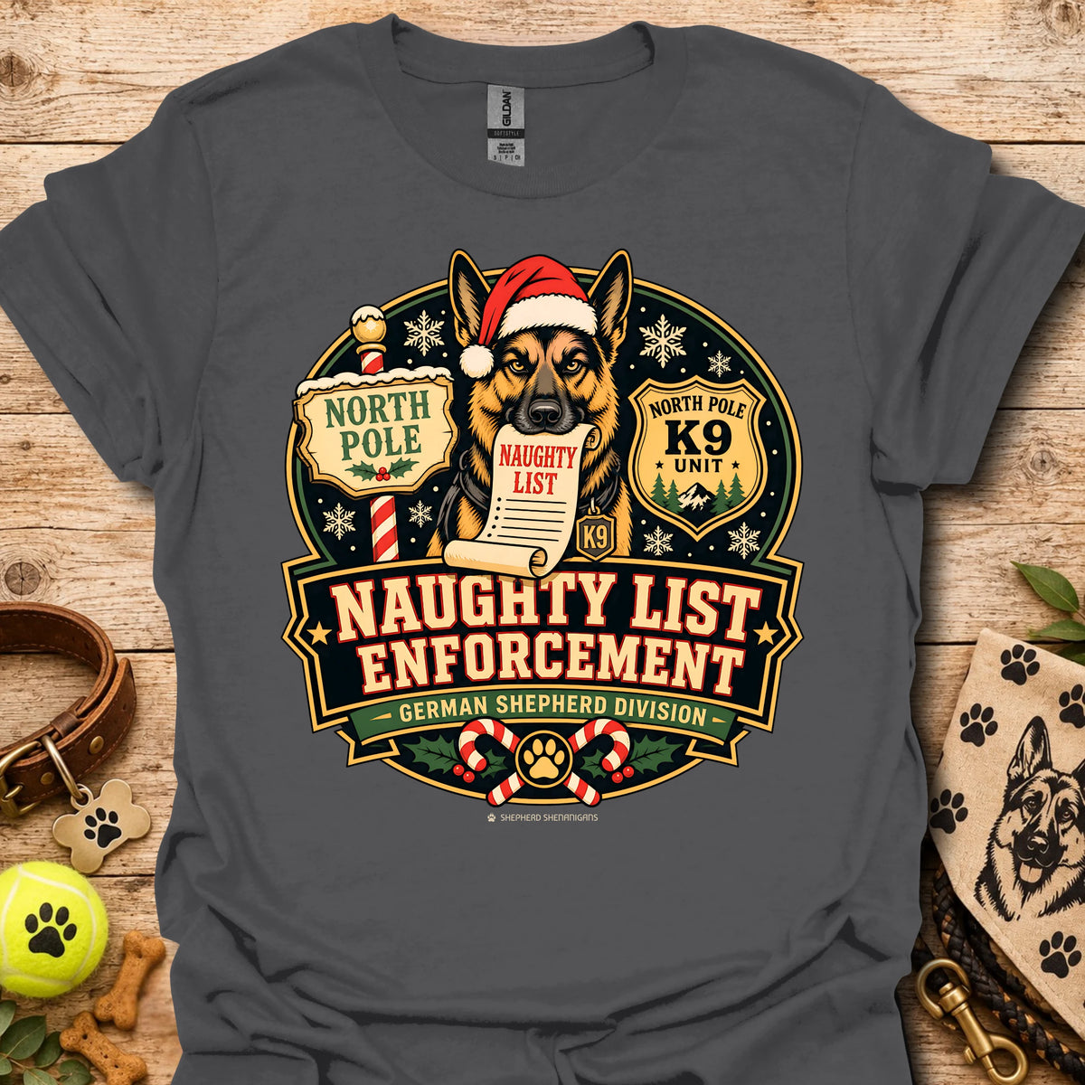 Charcoal T-shirt with holiday dog badge graphic, Santa hat and paw print details