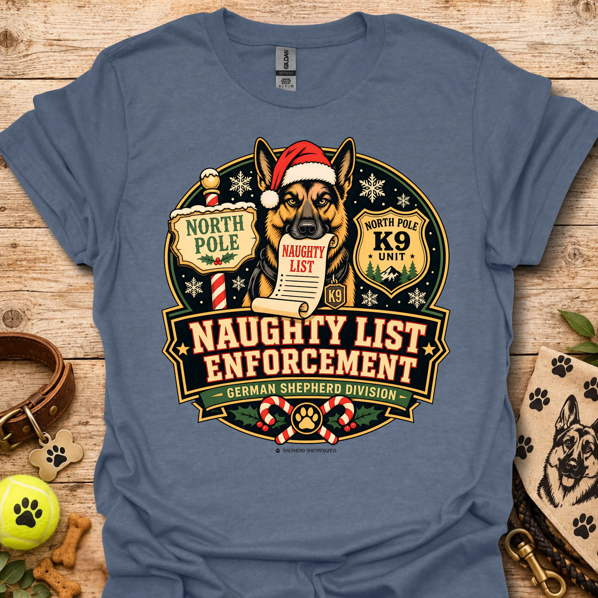 Heather indigo T-shirt with holiday dog badge graphic, Santa hat and paw print details