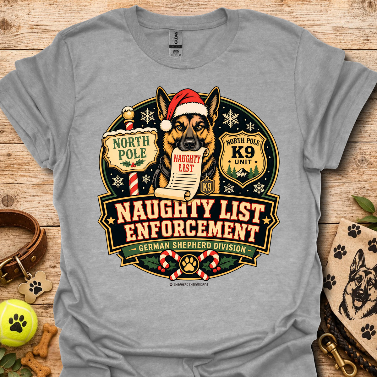 Sport grey T-shirt with holiday dog badge graphic, Santa hat and paw print details