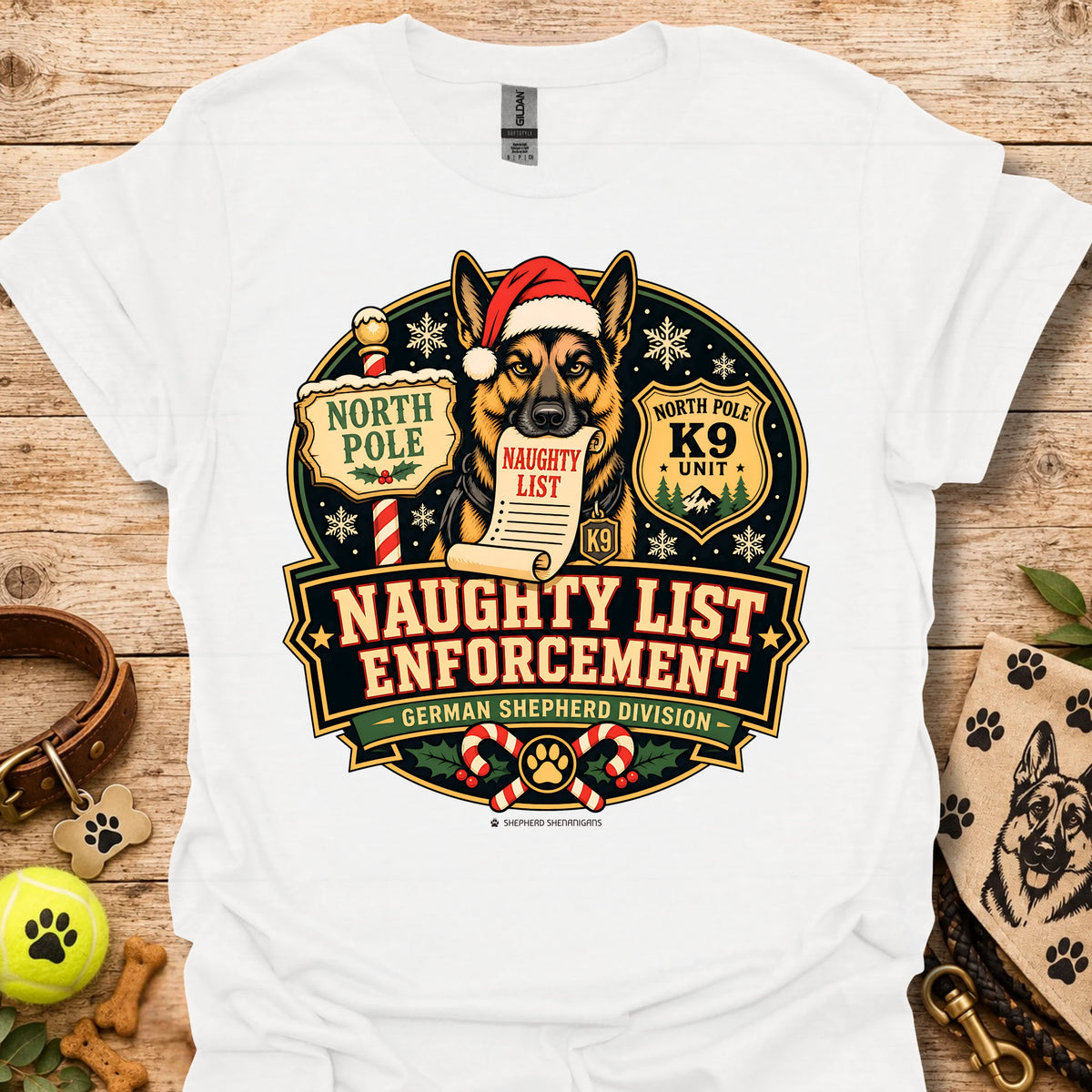 White T-shirt with holiday dog badge graphic, Santa hat and paw print details