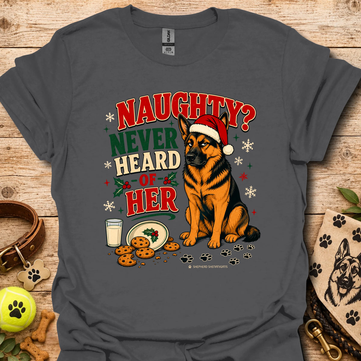 Charcoal graphic t-shirt with holiday dog in Santa hat and 'Naughty? Never Heard of Her'