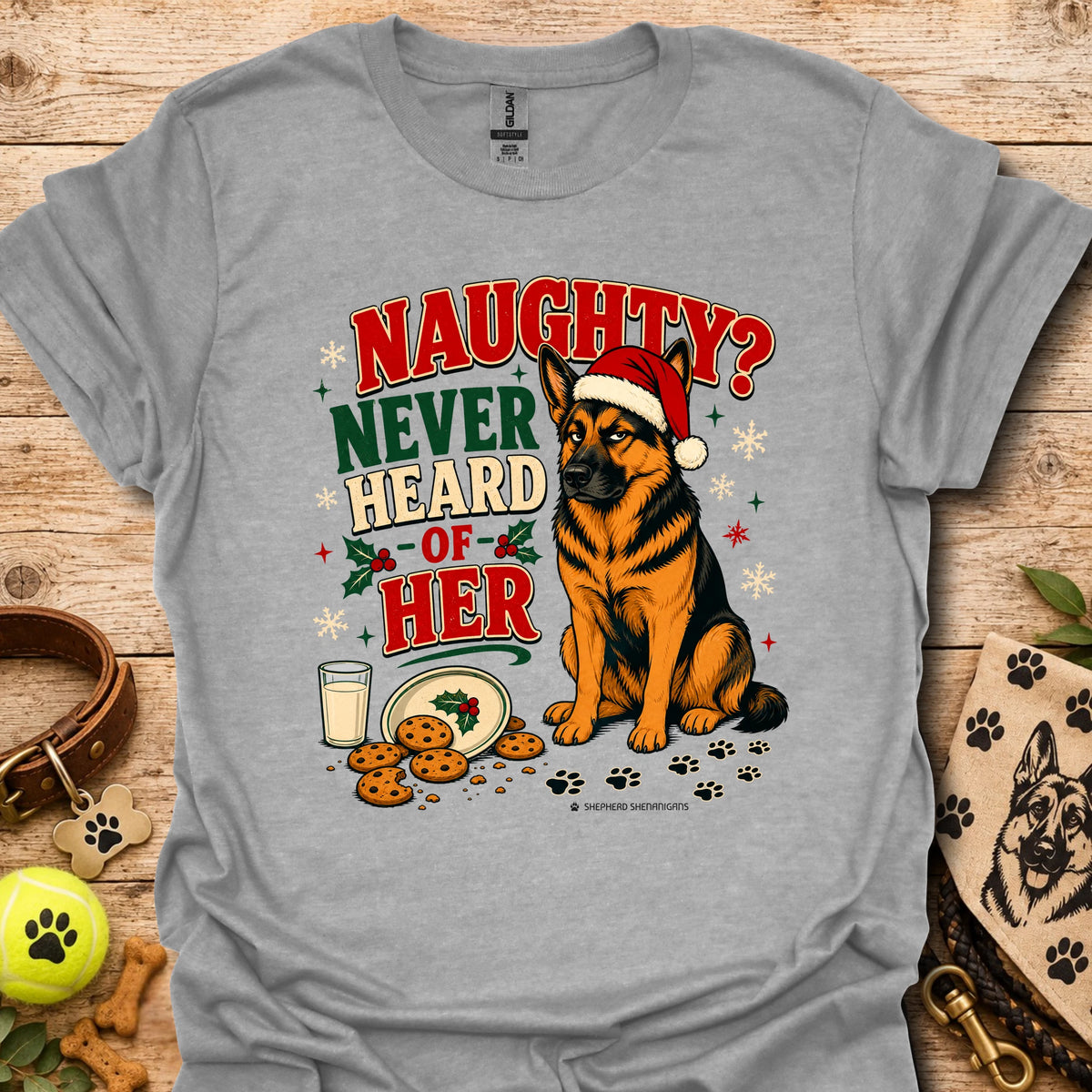 Sport grey graphic t-shirt with holiday dog in Santa hat and 'Naughty? Never Heard of Her'
