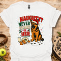 White graphic t-shirt with dog in Santa hat, cookies and 'Naughty? Never Heard of Her'