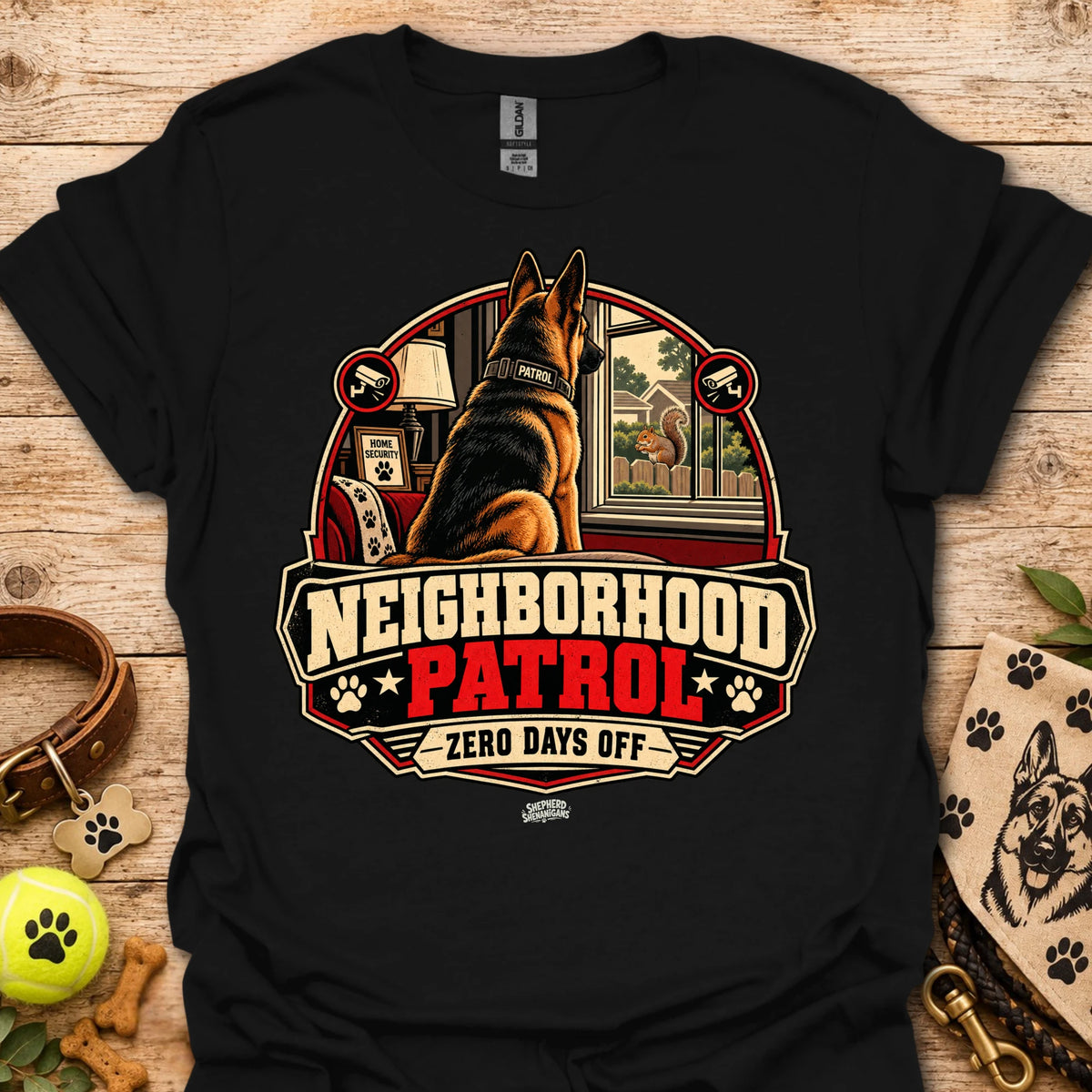 Black t-shirt with German shepherd "Neighborhood Patrol" emblem and "Zero Days Off"