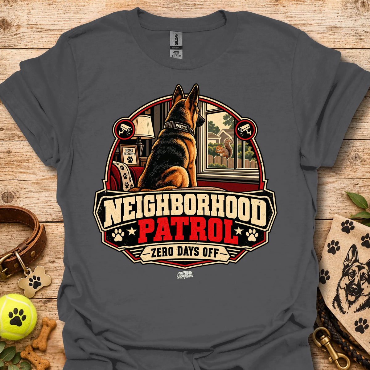 Charcoal t-shirt with German shepherd "Neighborhood Patrol" emblem and "Zero Days Off"