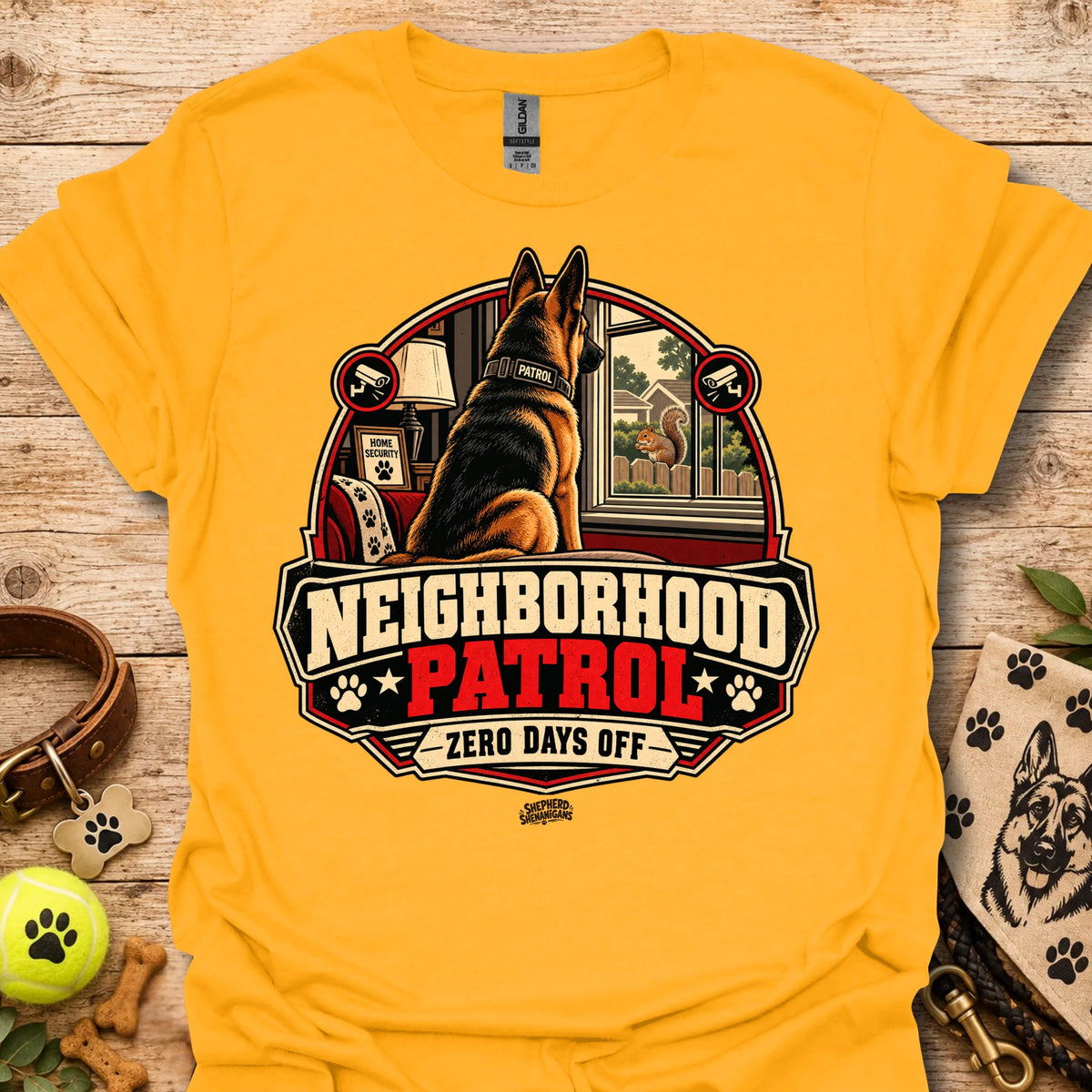 Gold t-shirt with German shepherd "Neighborhood Patrol" emblem and "Zero Days Off"