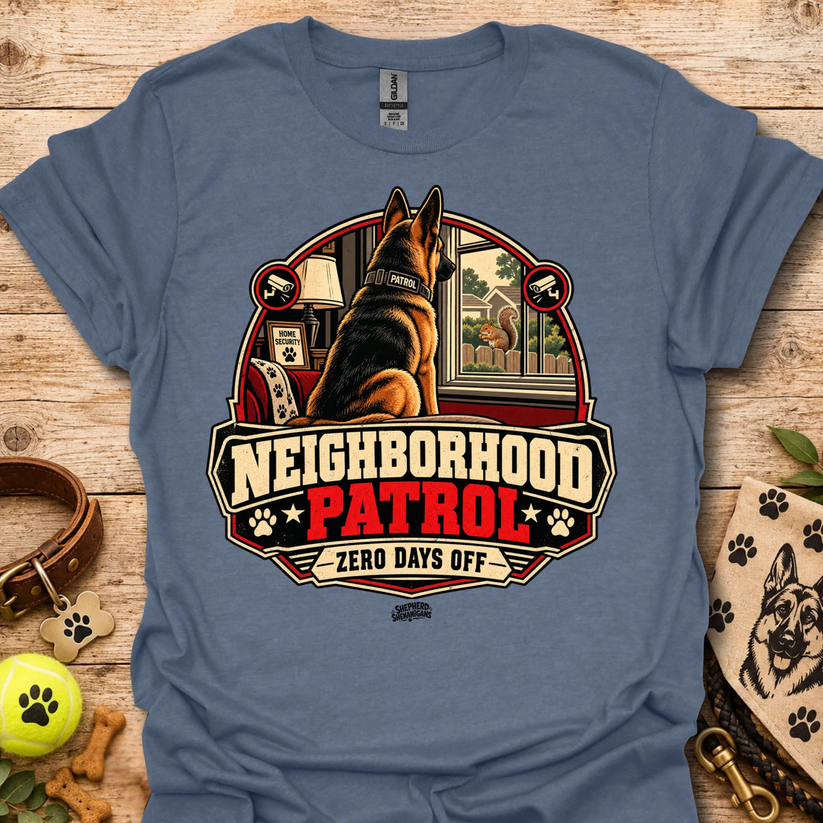 Steel blue t-shirt with German shepherd "Neighborhood Patrol" emblem and "Zero Days Off"