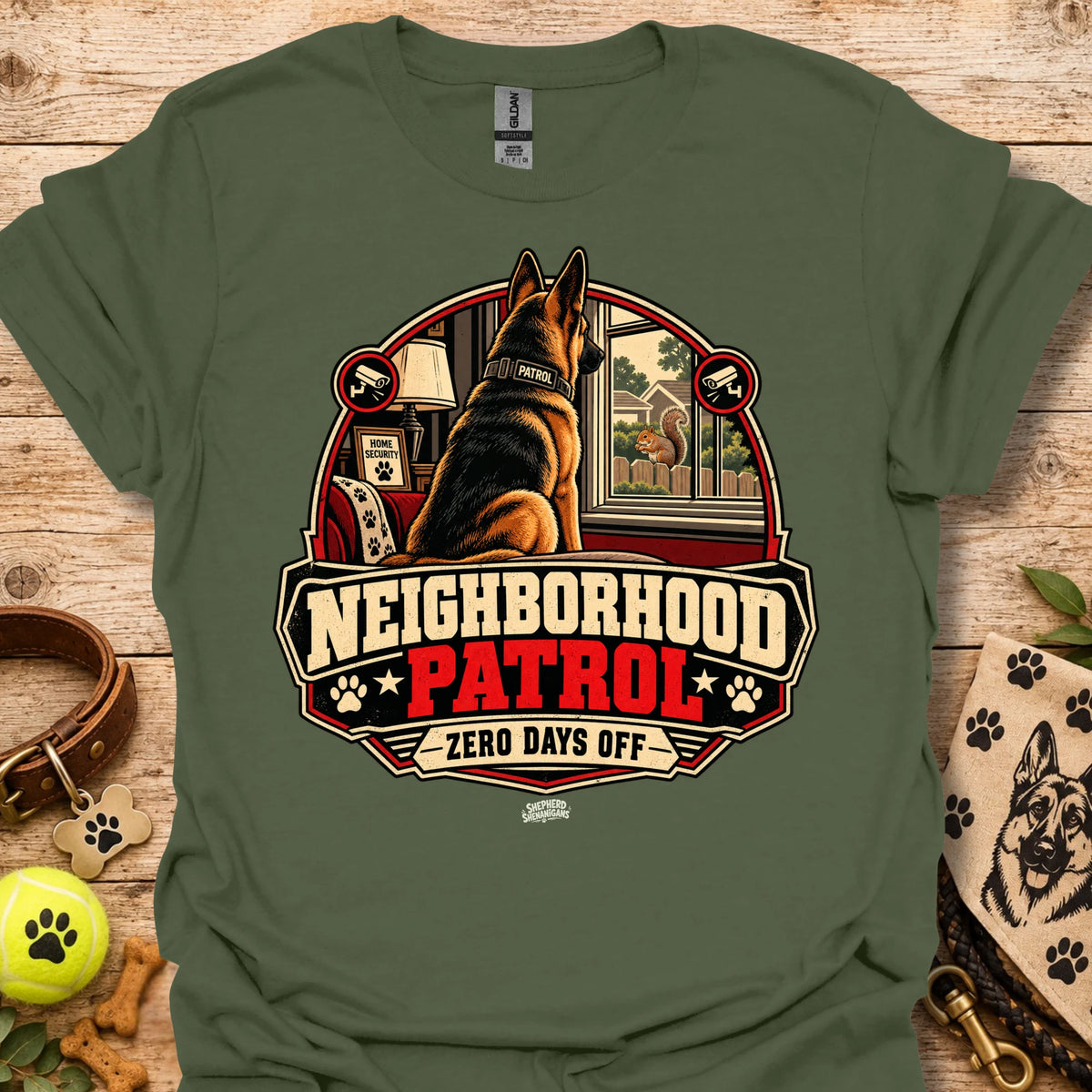Military green t-shirt with German shepherd "Neighborhood Patrol" emblem and "Zero Days Off"